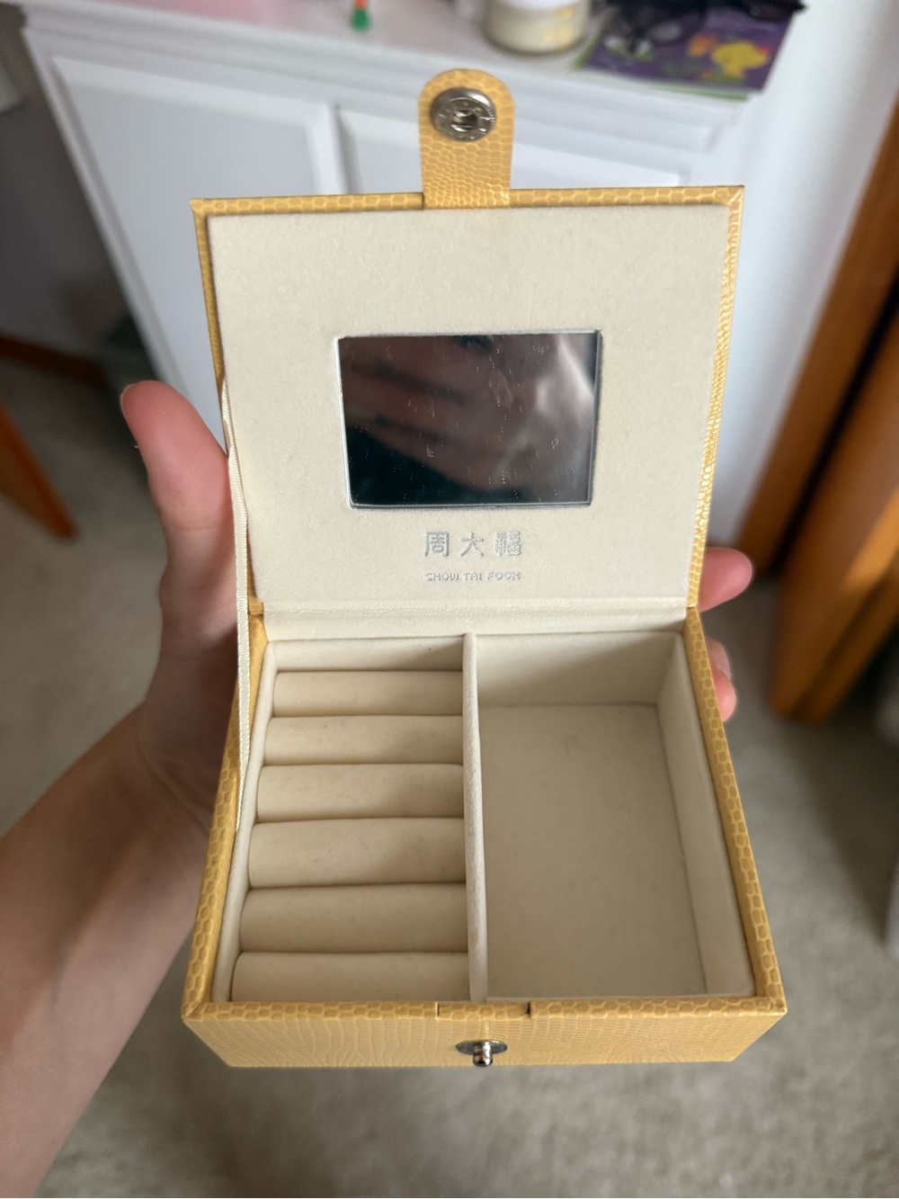 Yellow Jewelry Box with Ring Rolls and Mirror
